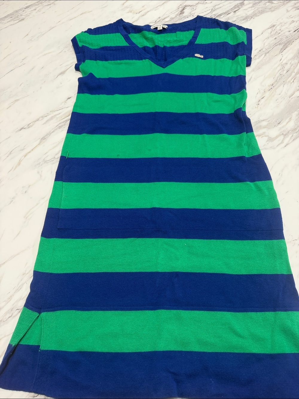 Lacoste Blue & Green Wide Stripe V‑Neck Short Sleeve Tee
